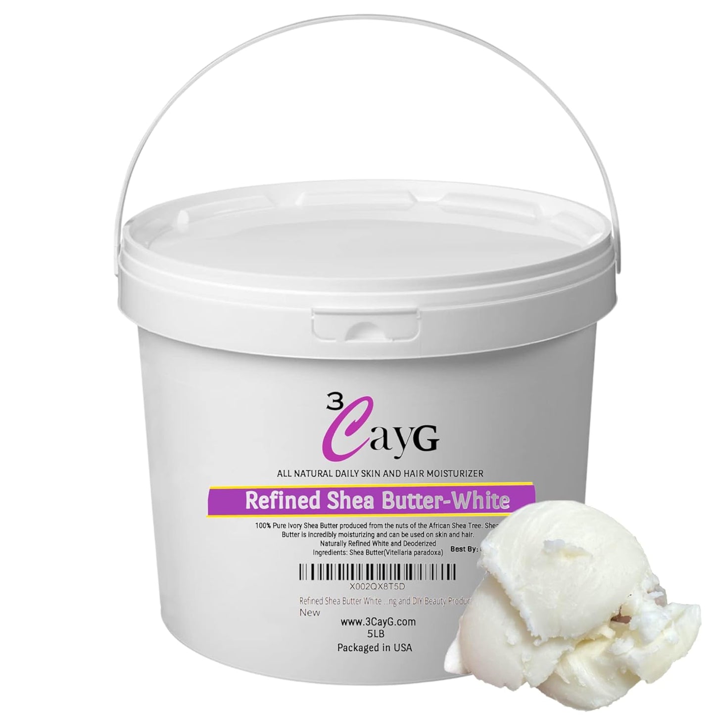 3CayG 5lb Pail White Refined Shea Butter Deoderized Skin and Hair Body Butter Use for Soapmaking and Whipped Body Butter