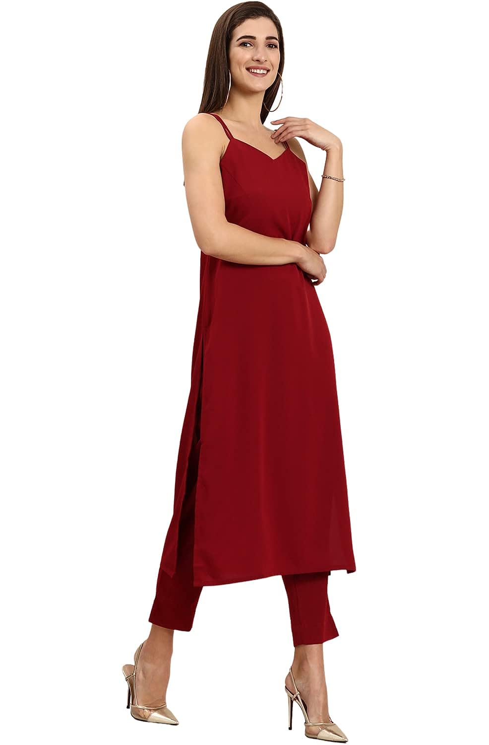 Janasya Women's Maroon Poly Crepe Kurta With Pant And Dupatta