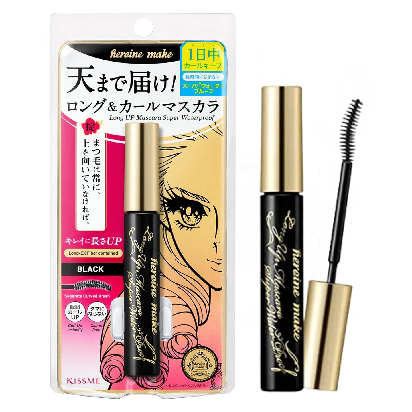 HEROINE MAKE by KISSME Long & Curl Up Waterproof Mascara Black, Lengthening & Volume Fiber Tubing Mascara Makeup, WP 01