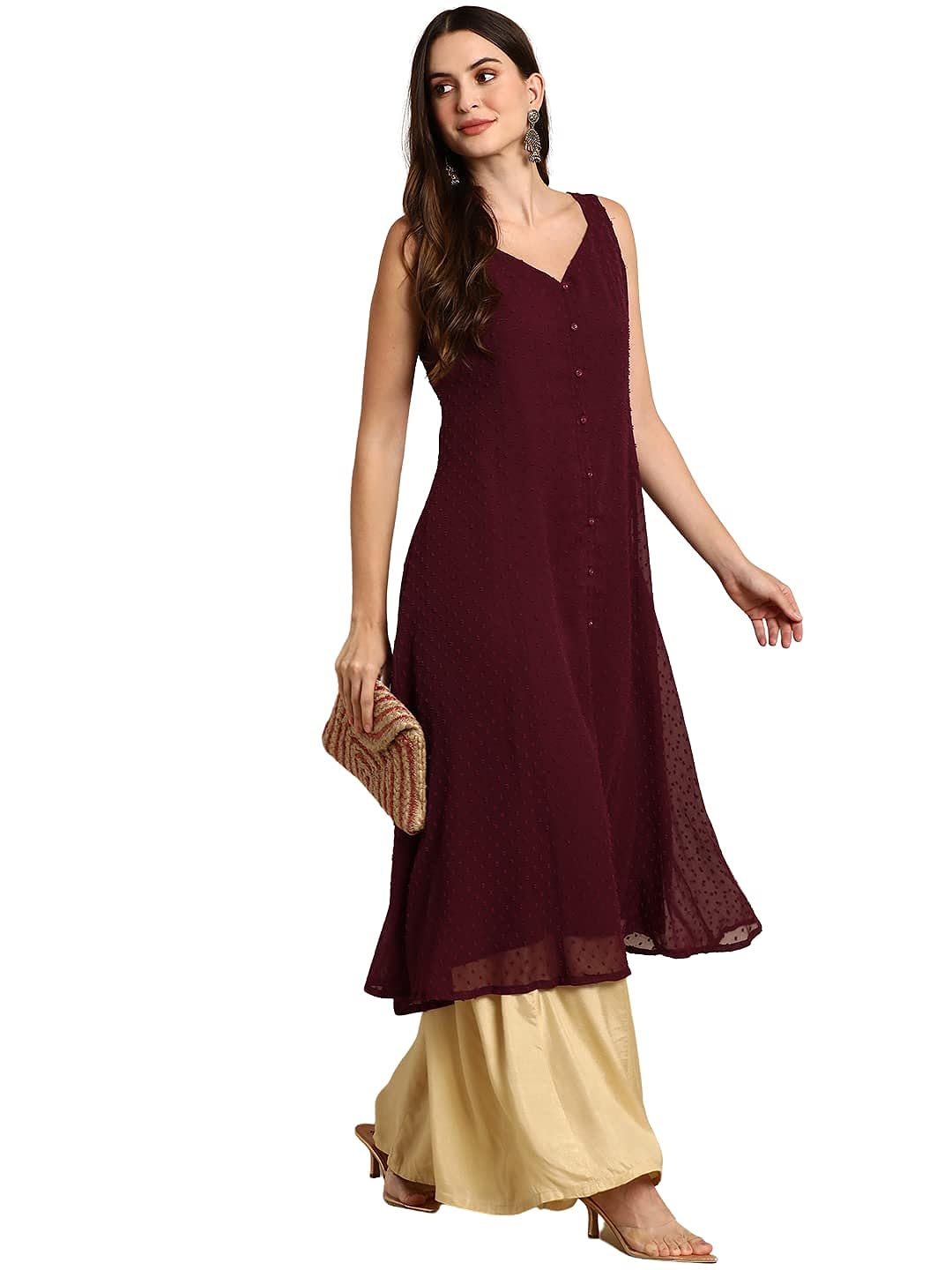 Janasya Women's Wine Poly Chiffon Kurta