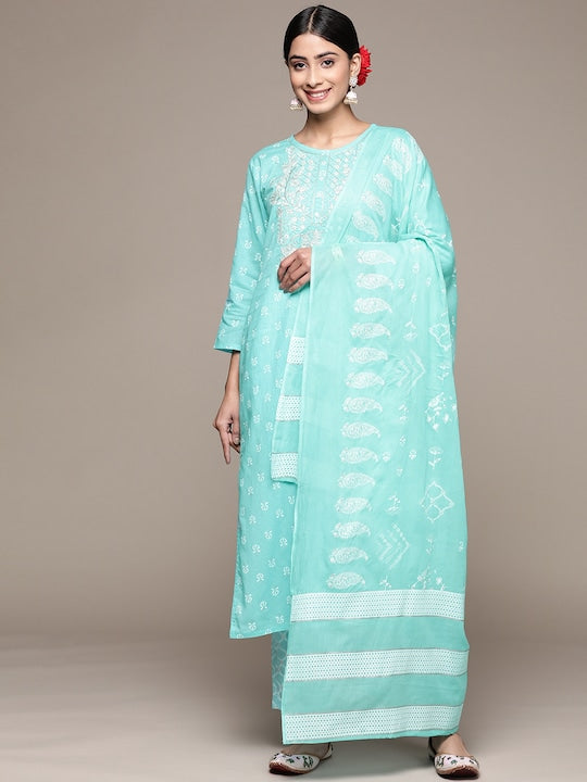 Anubhutee Women Floral Embroidered Pure Cotton Kurta With Trousers & Dupatta