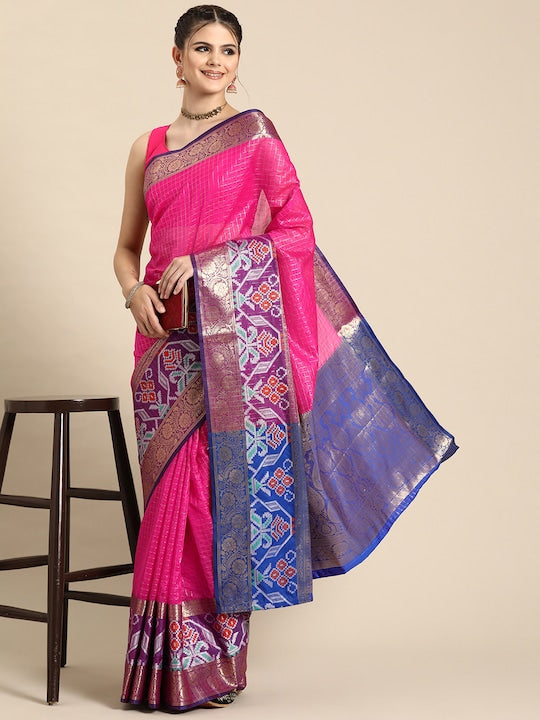Silk Land Checked Zari Banarasi Saree