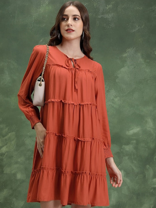 Vishudh Tie-Up Neck Cuffed Sleeves Tiered Detail A-Line Mini Dress