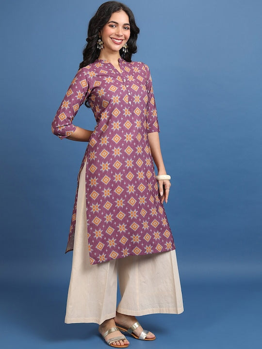 Vishudh Burgundy Ethnic Motifs Printed Mandarin Collar Straight Kurta