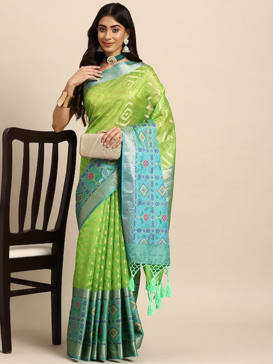 Silk Land Lime Green Zari Silk Blend Banarasi Saree