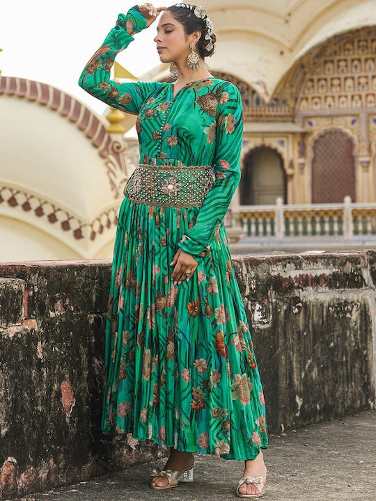 Scakhi Floral Printed Gathered Or Pleated Gown Maxi Ethnic Dresses