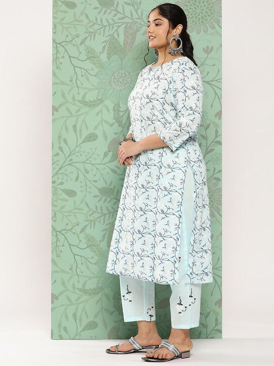 Yufta Plus Size Floral Printed Regular Pure Cotton Kurta With Trousers & Dupatta