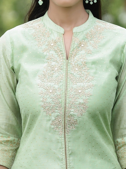 Juniper Women Green Floral Chanderi Silk Kurta with Palazzos & With Dupatta