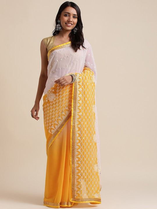 Fabmora Ethnic Embroidered Sequined Pure Georgette Saree