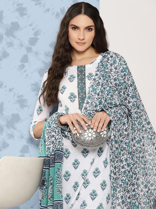 Yufta Women Ethnic Motifs Printed Pure Cotton Kurta with Trousers & Dupatta