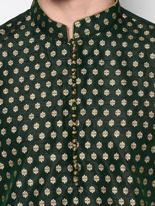 Deyann Men Green & Golden Floral Thread Work Floral Mandarin Collar Kurta