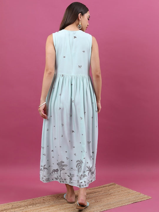 Vishudh Blue Floral Printed Fit And Flare Midi Ethnic Dress