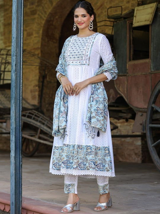 Scakhi Floral Embroidered Empire Mirror Work Pure Cotton Kurta With Trousers & Dupatta