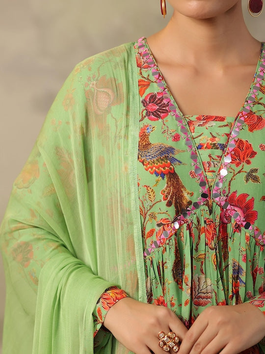 Scakhi Floral Printed V-Neck Mirror Work Kurta with Trousers & Dupatta