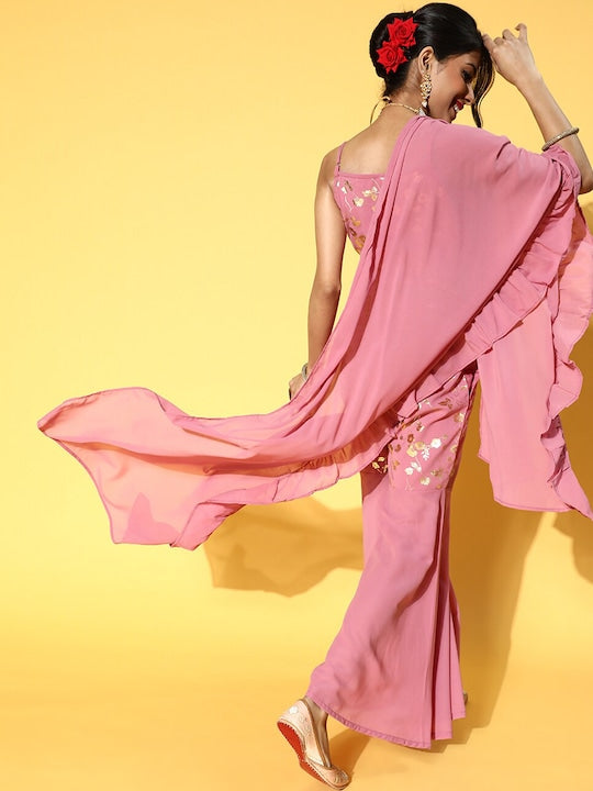 AKS Couture Floral Foil Printed Ethnic Crop Top & Palazzo & Dupatta