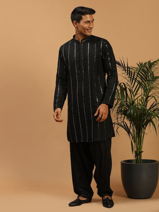Vastramay Men Black Mirror Work Kurta