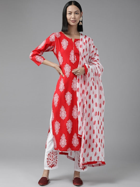 Yufta Women Red Paisley Printed Kurta with Trousers & Dupatta - S