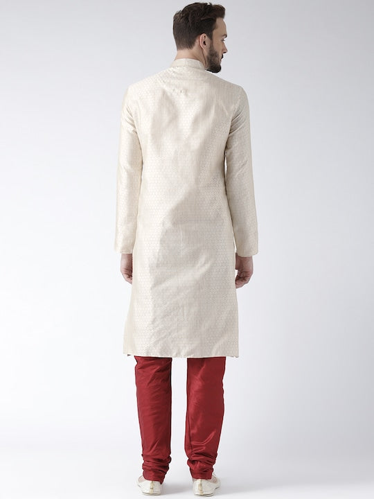 Deyann Men Cream-Coloured Woven Design Straight Kurta