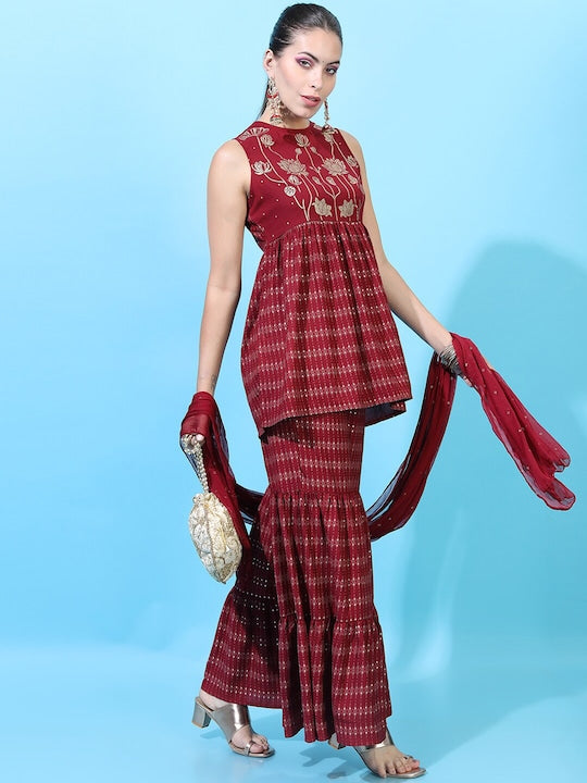 Vishudh Women Red Floral Embroidered Panelled Kurti with Sharara & With Dupatta