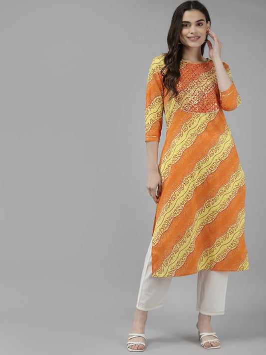 Yufta Women Yellow & Orange Bandhani Gotta Patti Pure Cotton Kurta with Trousers