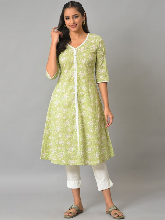 Aurelia Floral Printed Cotton V-Neck A-Line Kurta