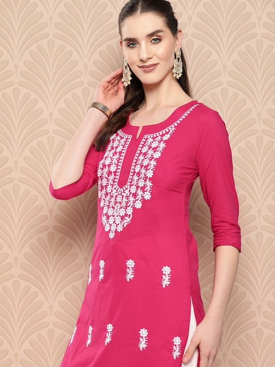 Yufta Floral Embroidered Chikankari Pure Cotton Kurta