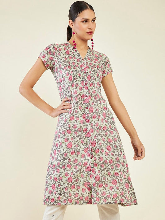 Soch Floral Printed Band Collar Pure Cotton Kurta