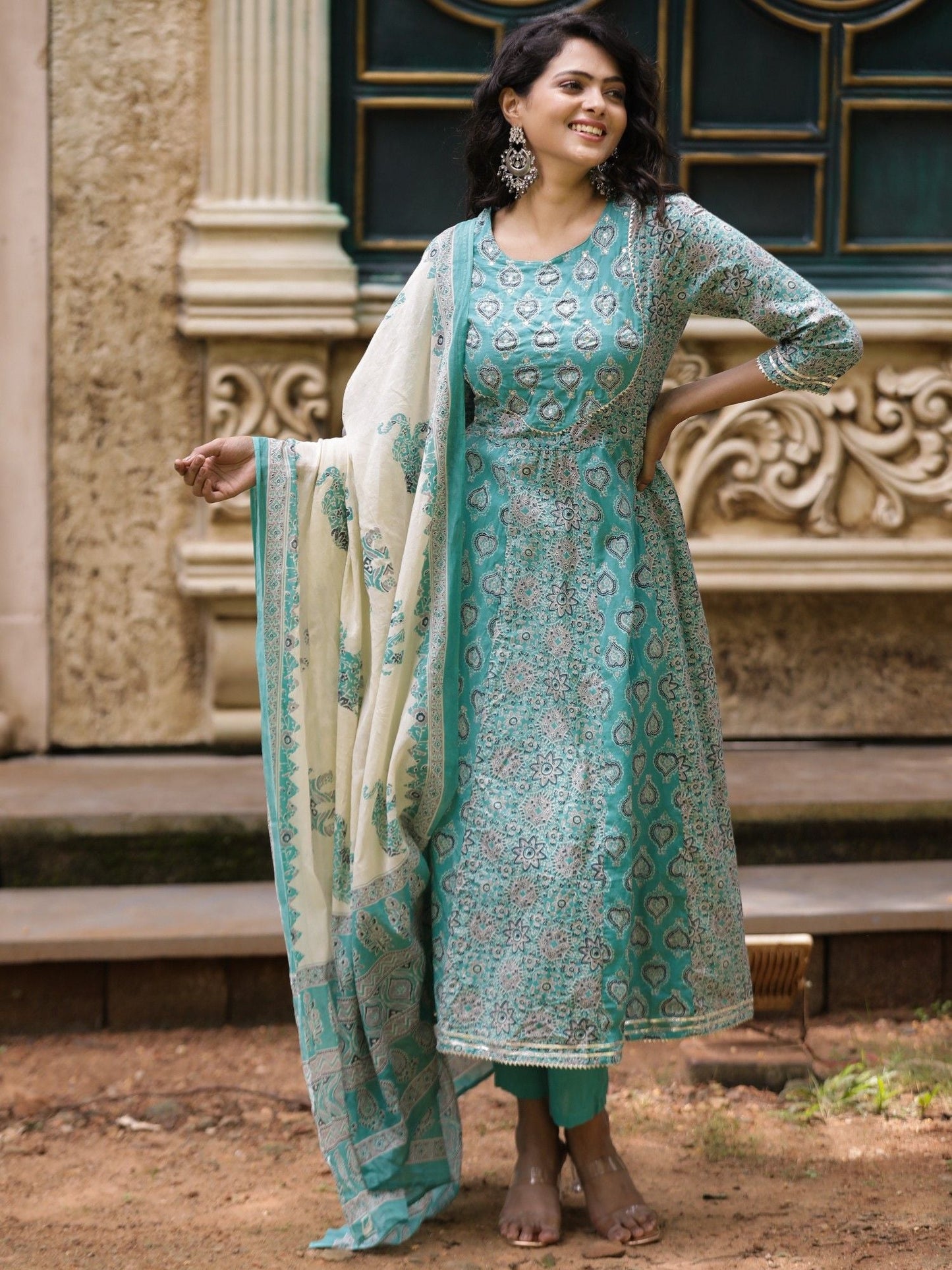 Likha Blue Jaipuri Printed Anarkali Set & Dupatta LIKSKD170 (Set of 3)