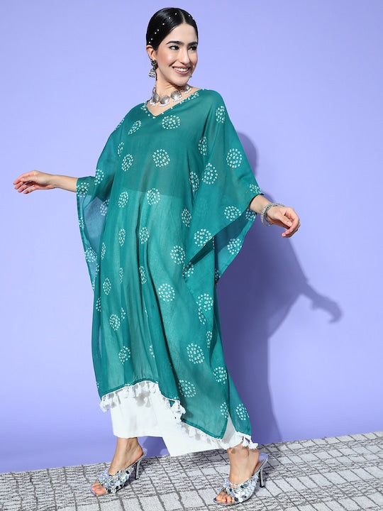 Yufta Women Teal Bandhani Printed Flared Sleeves Kaftan Kurta