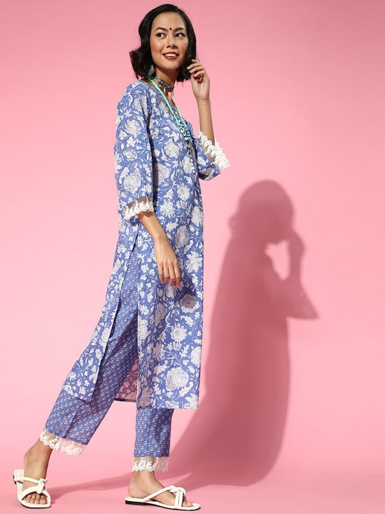 Yufta Women Blue Floral Printed Pure Cotton Kurta with Trousers & With Dupatta