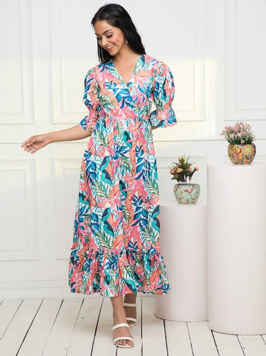 Myshka Tropical Printed V-Neck Wrap Dress