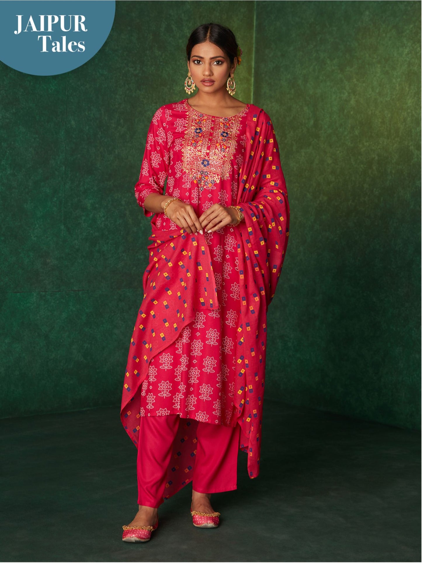 Likha Pink Printed Zari Sequins Work Kurta, Pant & Dupatta LIKSKD167 (Set of 3) - S