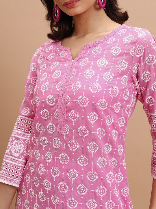 Vishudh Pink Ethnic Motifs Embroidered Thread Work Straight Kurta