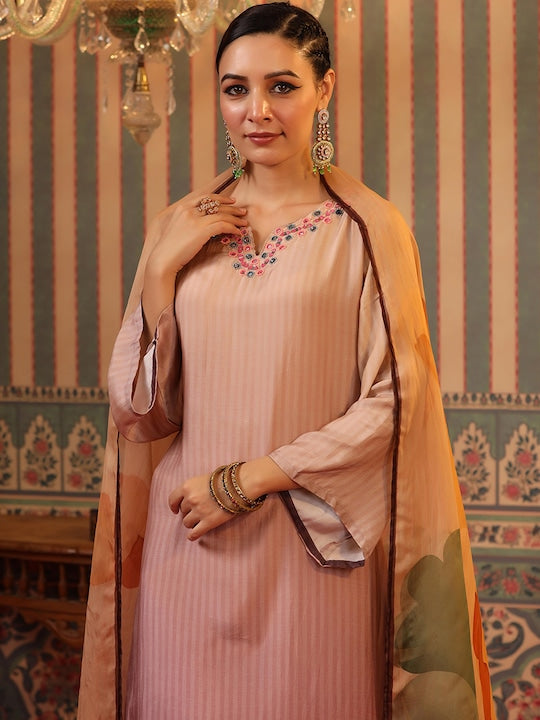 Scakhi Striped Mirror Work Kurta with Trousers & Dupatta