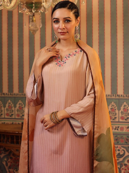 Scakhi Striped Mirror Work Kurta with Trousers & Dupatta