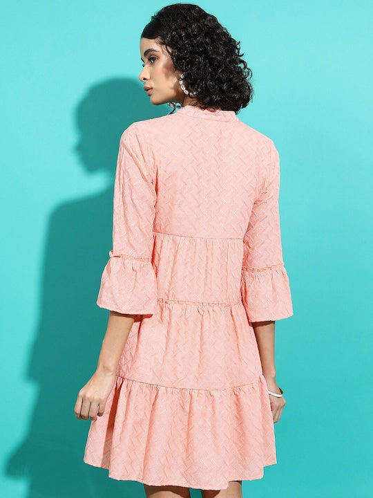 Vishudh Peach Coloured Embroidered Bell Sleeves Tiered A-Line Dress