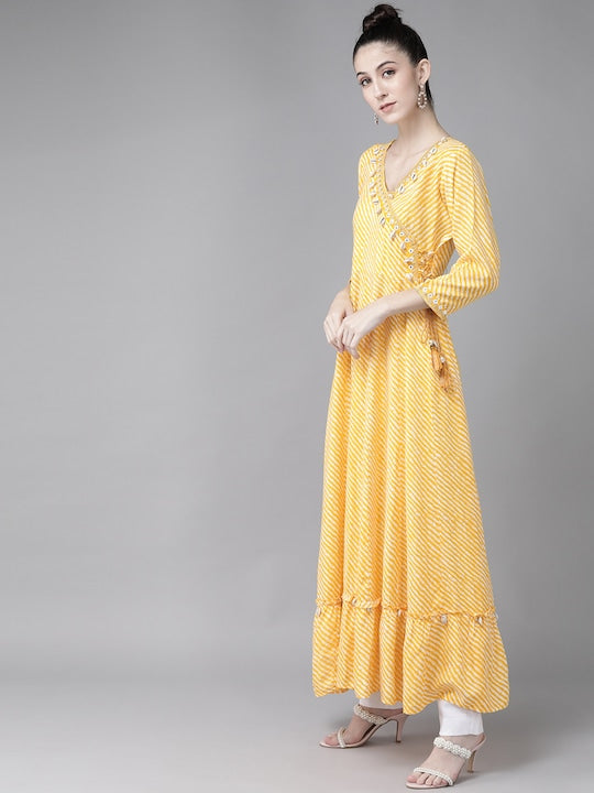 Yufta Women Yellow & White Leheriya Printed Kurta With Coffee Bean Shell Detail