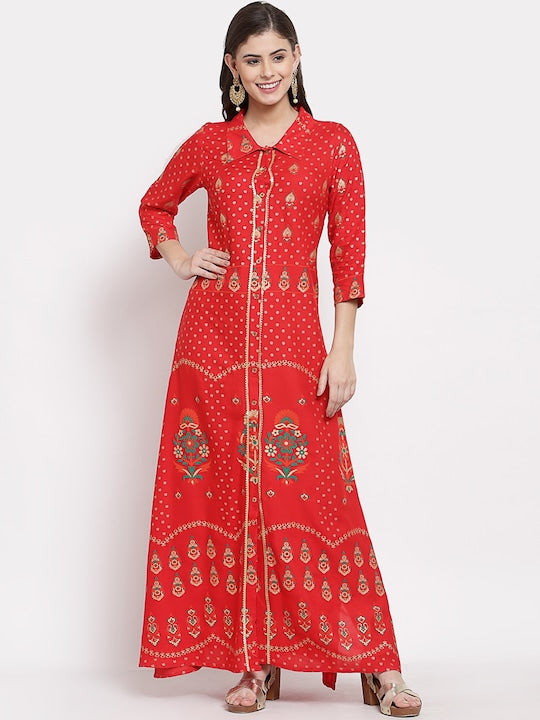 Myshka Women Red Ethnic Motifs Printed Anarkali Kurta