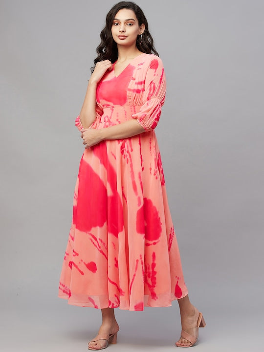 Myshka Peach-Coloured & Pink Tie and Dye Georgette Maxi Dress