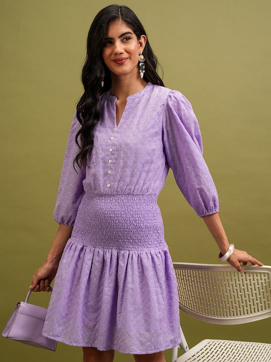 Vishudh Lavender Self Design Mandarin Collar Puff Sleeves Smocked A-Line Dress