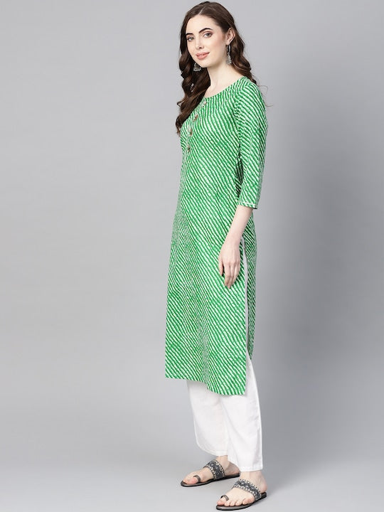 Yufta Women Green & Off-White Leheriya Dyed Straight Kurta Green