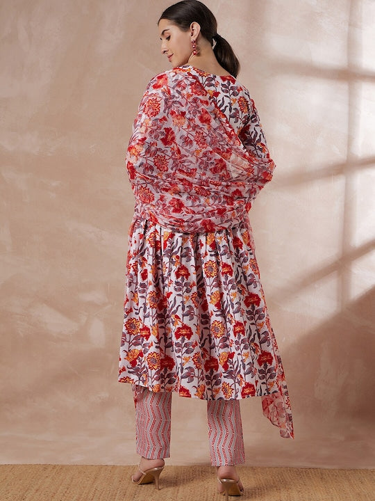 All about you Floral Printed Regular Sequinned Embroidered Kurta With Trousers & Dupatta