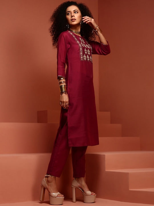 IMARA Ethnic Motifs Embroidered Gotta Patti Kurta With Trousers & Dupatta