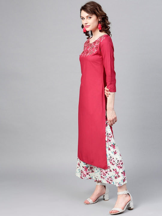 Yufta Women Pink & Sea Green Yoke Design Kurta with Palazzos