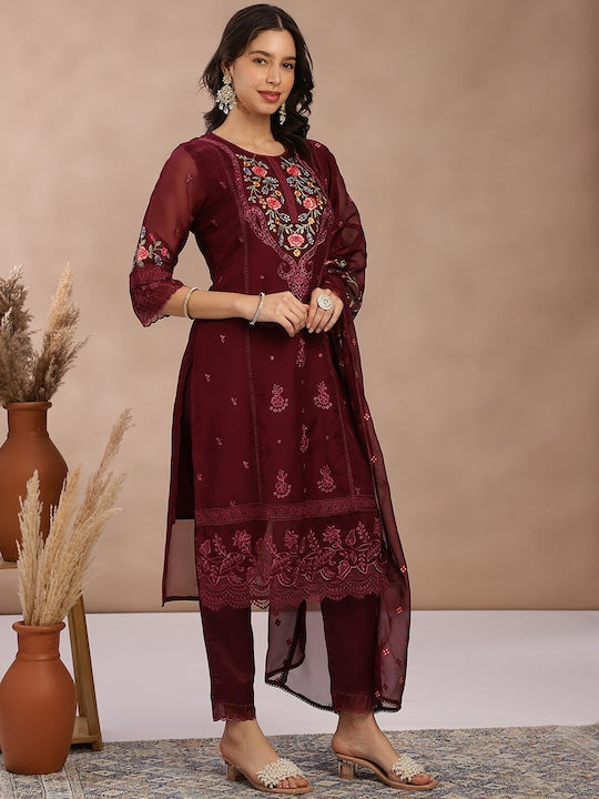 Fabmora Women Ethnic Motifs Embroidered Regular Thread Work Kurta with Trousers & With Dupatta