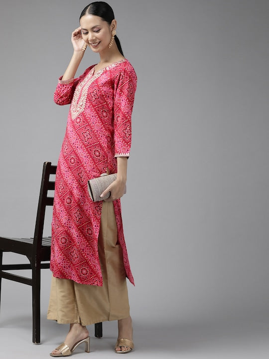 Yufta Women Pink Bandhani Printed Gotta Patti Kurta