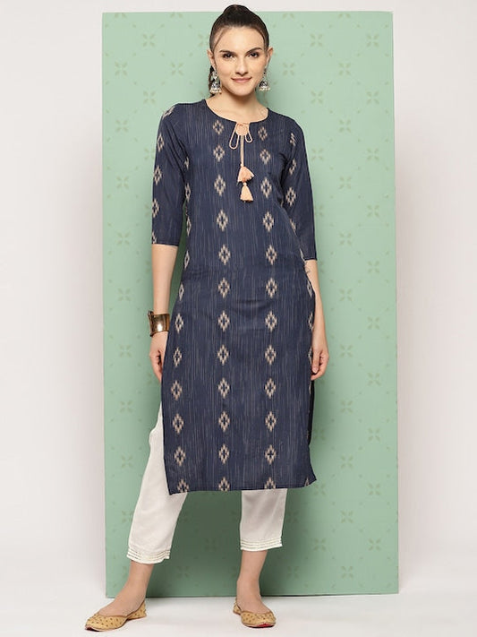 Yufta Woven Design Tie-Up Neck Pure Cotton Kurta
