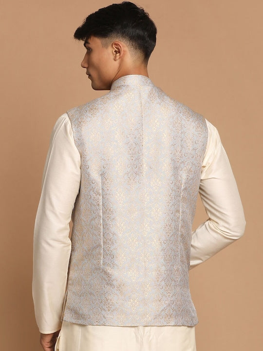 Vastramay Men Grey Woven-Design Silk Nehru Jacket