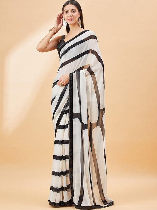 All about you Striped Embellished Pure Georgette Saree