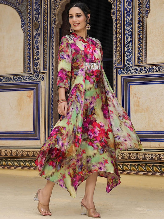 Scakhi Floral Printed Embroidered Detailed Silk A-Line Midi Ethnic Dress